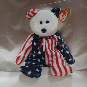 Spangle the Bear, white face TY Beanie Baby, Independence Day/4th of July, 1999